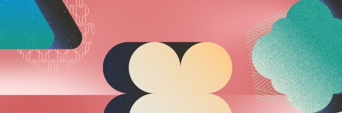 A header graphic that shows blue, green, and yellow shapes on a red background